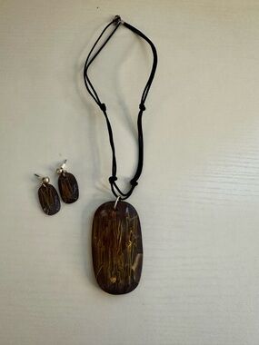 Handcrafted Brown Resin Pendant Necklace and Earring Set